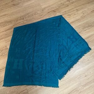 Hermes Paris Scarf Teal Blue Silk Blend Shawl Logo Print Made in France